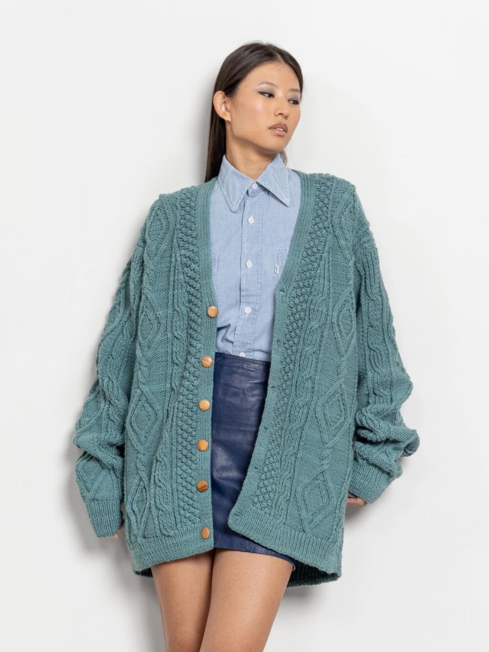 CABLE Knit WOOL CARDIGAN Vintage Green Women Oversize / Medium